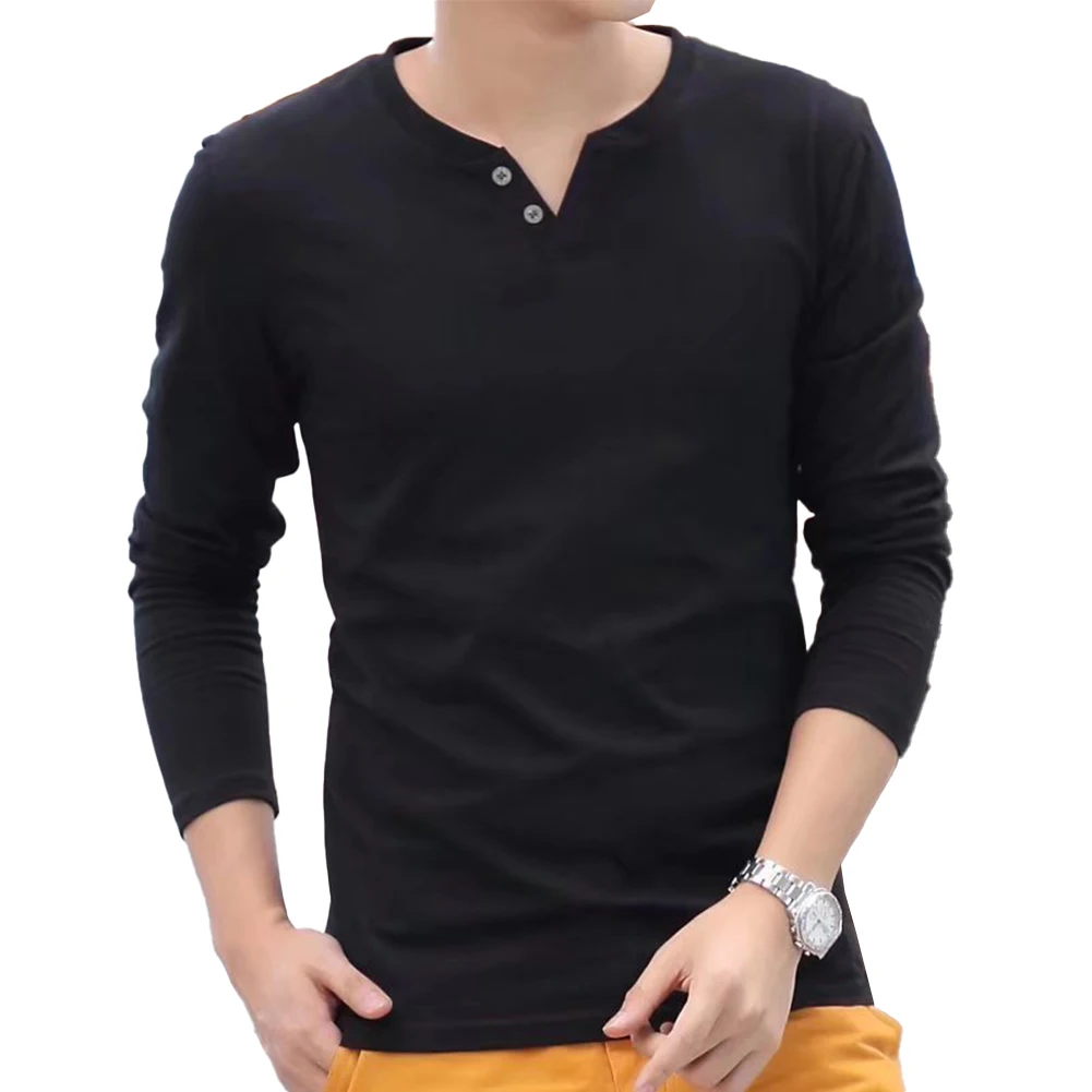 

Contemporary Men's Casual Long Sleeve Henley T Shirt Slim Fit Pullover Button V Neck Top Available in Multiple Colors