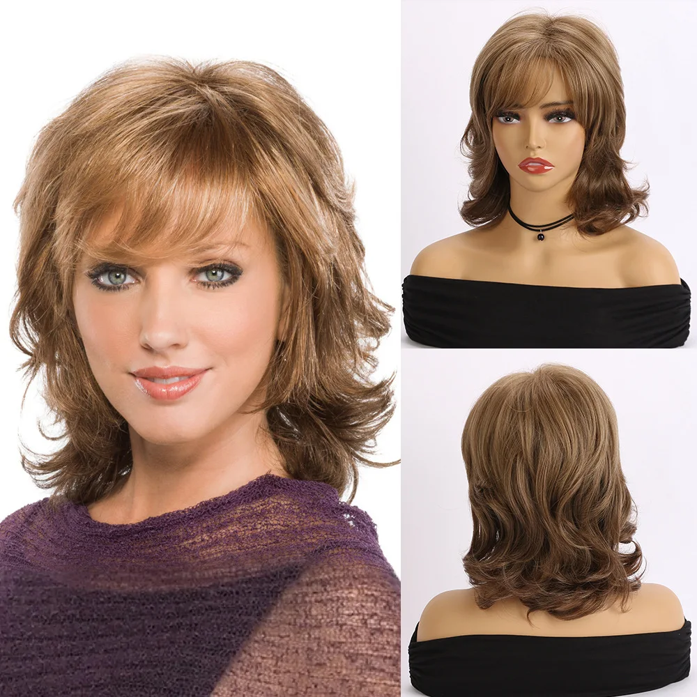 

Синтетический кудрявый парик, коричневый, смешанный, светлый женский волнистый парик, искусственный парик с челкой, мягкое Термостойкое волокно, ежедневное использование, искусственный парик
