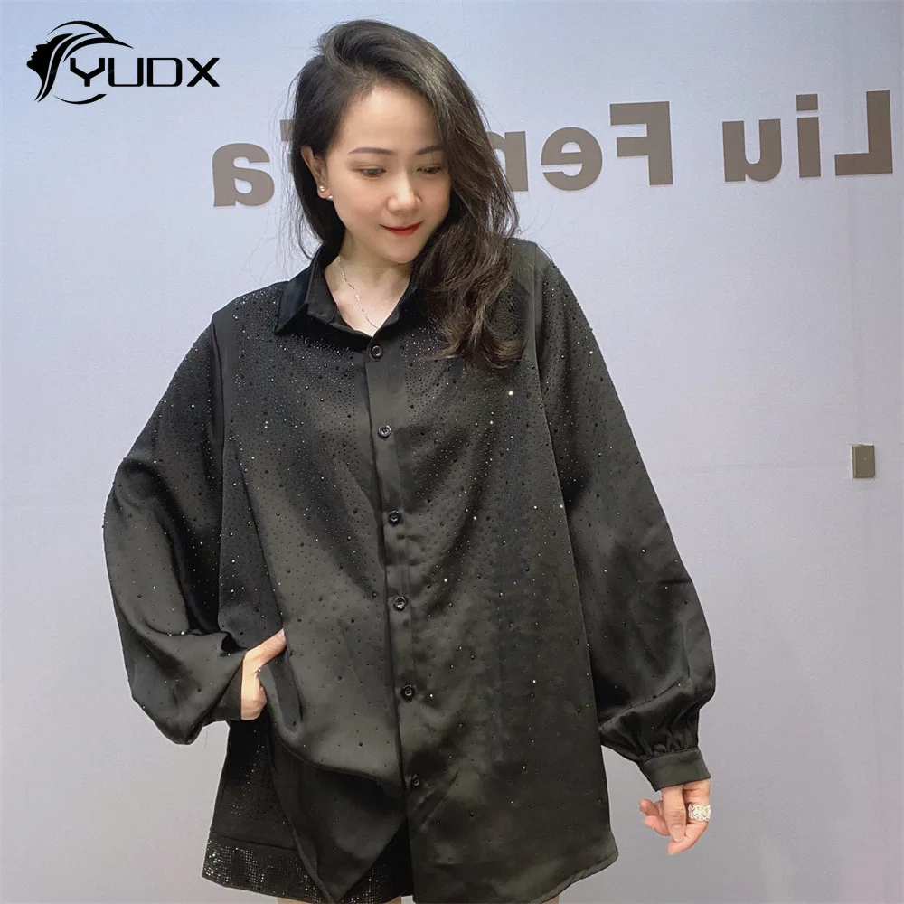 

YUDX Shiny Hot Drilling Turn-down Collar Long Sleeve Shirts Women Loose Cardigans Top Mid-long Summer Black Chiffon Blouses