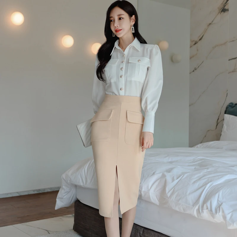 Fashion Women's 2 PCS Set Lapel Collar Solid Color Long Sleeve Shirt + Slit Skirt Autumn Winter Slim Fit 2PCS Suit 2021 Farmel |