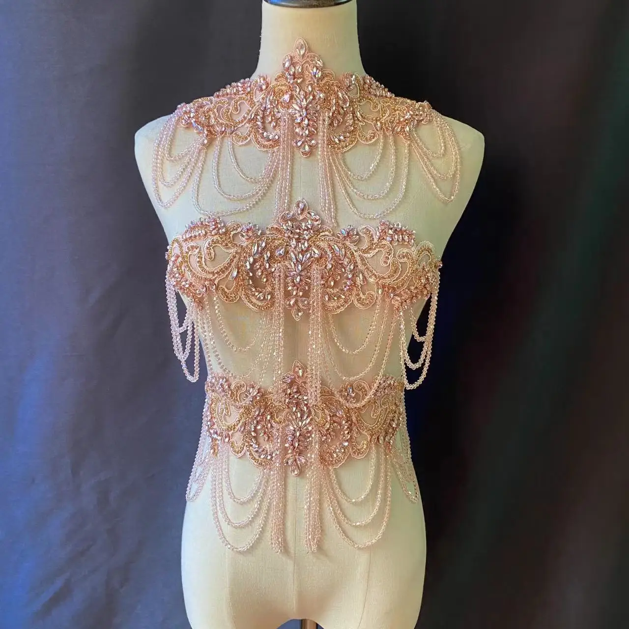 

Fashion Pink Handcrafted Tassel Chains Rhinestone Applique Fringe Bodice Patch for Dress,Bridal Sash Neckline,DIY Clothing