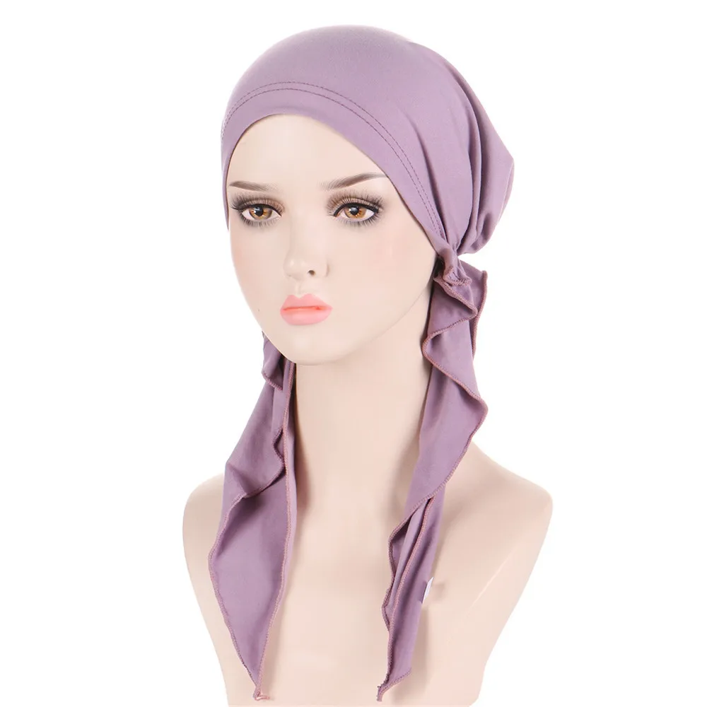 

Pre-Tied Muslim Inner Hijabs Turban Women Chemo Cap Stretch Long Tail Headscarf Wrap Beanies Bonnet Bandana Hair Loss Hat Cover