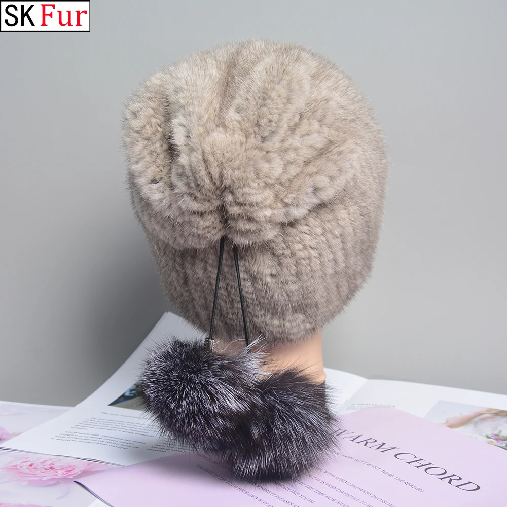 

Hot Sale 100% Real Mink Fur Hat Women Winter Knitted Beanie Russian Girls Cap With Fox Fur Pom Poms Thick Female Cap Elastic