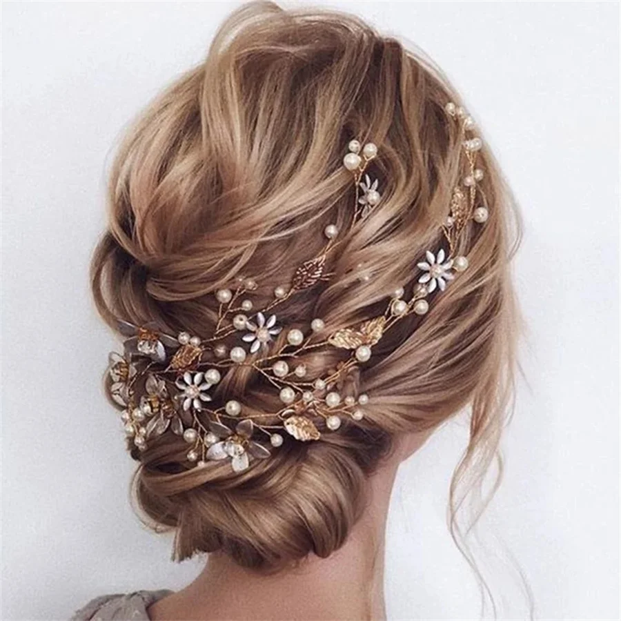 

New Flower Bride Wedding Hair Vine Pearl Bridal Hair Piece Leaf Hair Accessories Headband for Women and Girls fashion jewelry