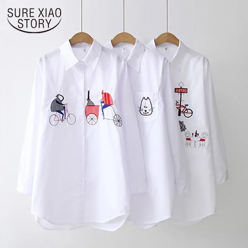 

2024 New White Shirt Casual Button Up Turn Down Collar Female Blouse Long Sleeve Cotton Blouse Embroidery Blouse Lady 5083 50