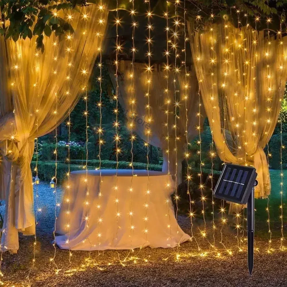 

Solar Lamp LED String Lights Outdoor 3x3m 300LED Fairy Curtain Lights for Window Christmas Party Garden Garland Holiday Lighting