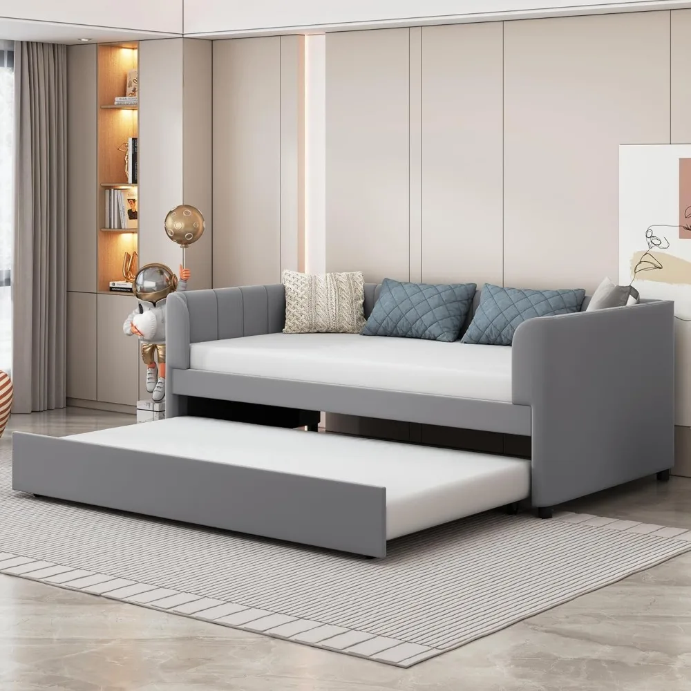 Twin Size Velvet Upholstered Daybed with Ergonomic Design Backrest and Trundle,Wood Platform Bed w/Stripe Shaped Headboard,for B Twin Size Velvet Upholstered Daybed with Ergonomic Design Backrest and Trundle,Wood Platform Bed w/Stripe Shaped Headboard,for B