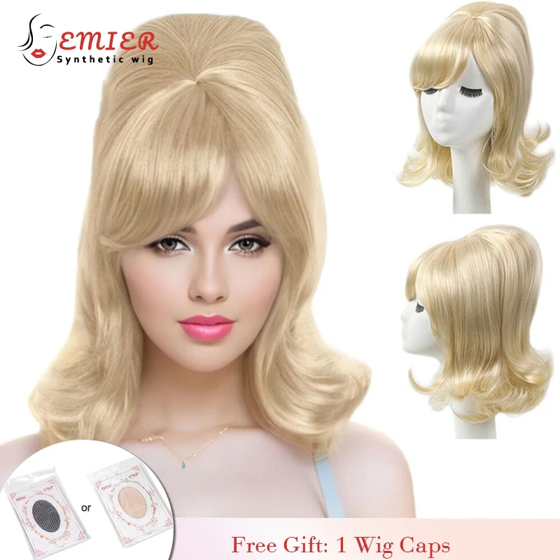 

Kalyss Blonde Beehive Wig Women Curly Wavy Long 60s 70s Vintage 613 blonde Diagonal Bangs Antique Synthetic Fiber Cosplay Wig