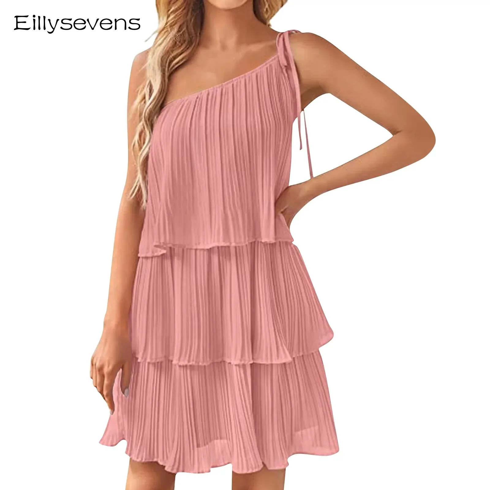 

Fashion One Sholder Cake Dress For Women Ruffles Hem Dress Elegant Sleeveless Party Vestidos 2024 Female New Vacation Beach Robe