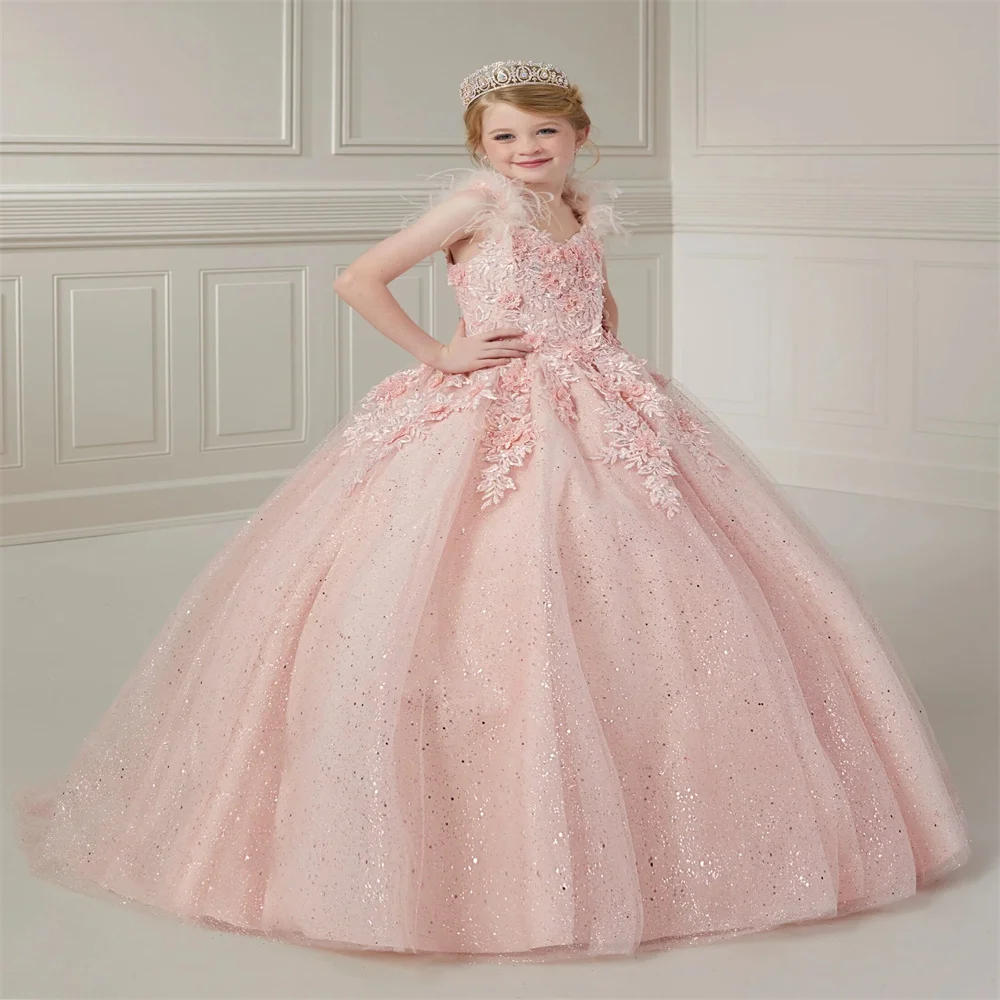 

Flower Girl Dress New Pink Appliqué Feather First Communion Custom Princess Prom Party Elegant Birthday Wedding Formal Dress