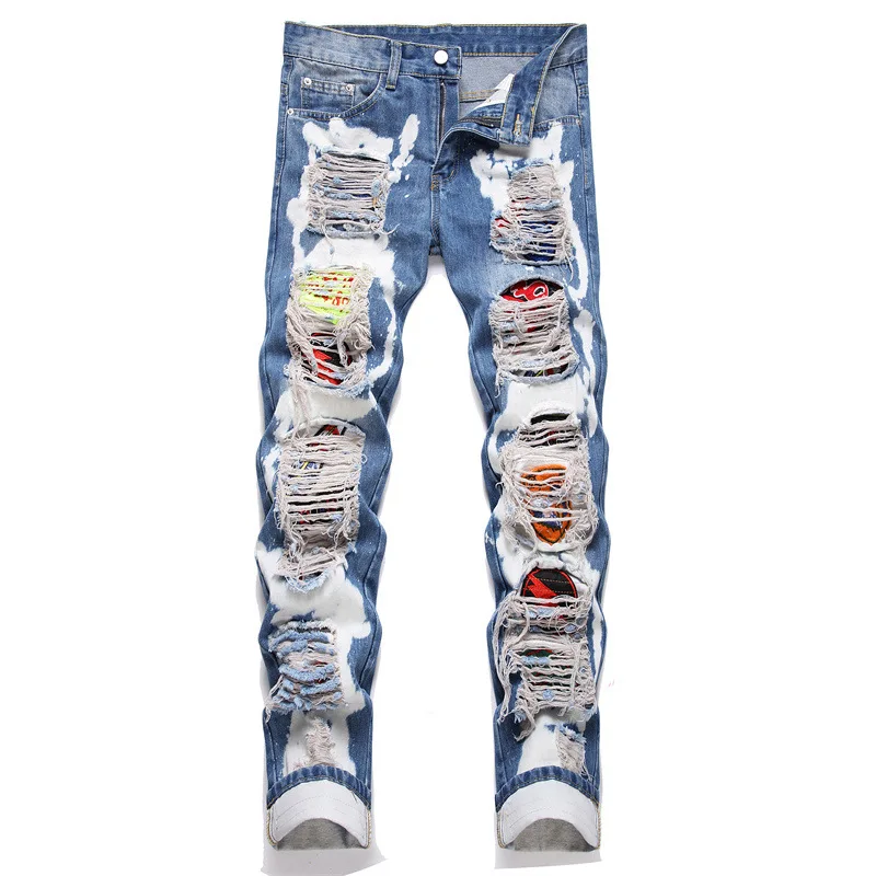 

Men's High Street Destroyed Jeans With Patchwork Fashion Streetwear Ripped Denim Pants Washed Blue Slim Fit Trousers Bottoms