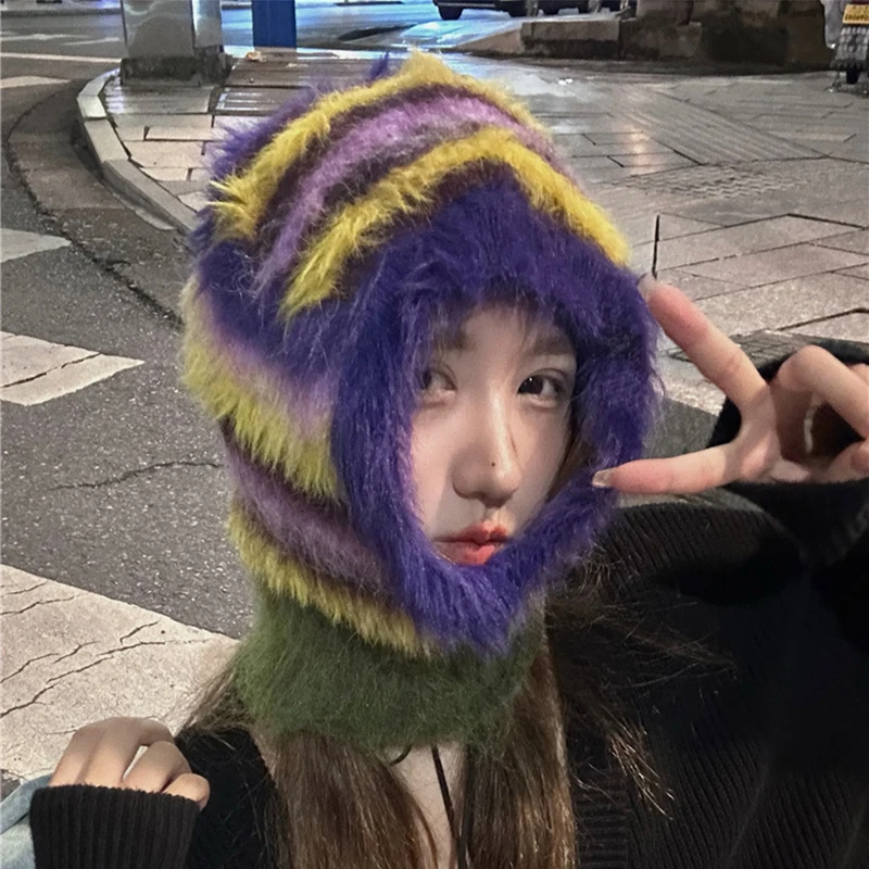 Autumn Winter Knitted Balaclava Hat Striped Color Matching Bonnet Women's Warm Woolen Hat Neck Protector One-Piece Skullies Caps
Autumn Winter Knitted Balaclava Hat Striped Color Matching Bonnet Women's Warm Woolen Hat Neck Protector One-Piece Skullies Caps