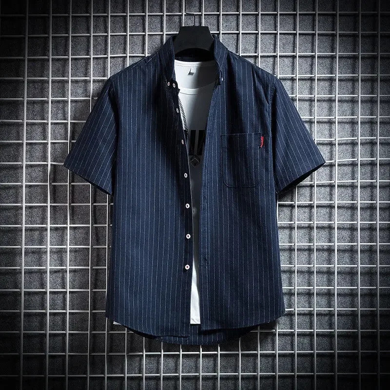 

Рубашка мужская с карманом, полосатая хлопковая блузка, повседневный топ в Корейском стиле на пуговицах, цвет черный, стандартная Бесплатная доставка, Xxl