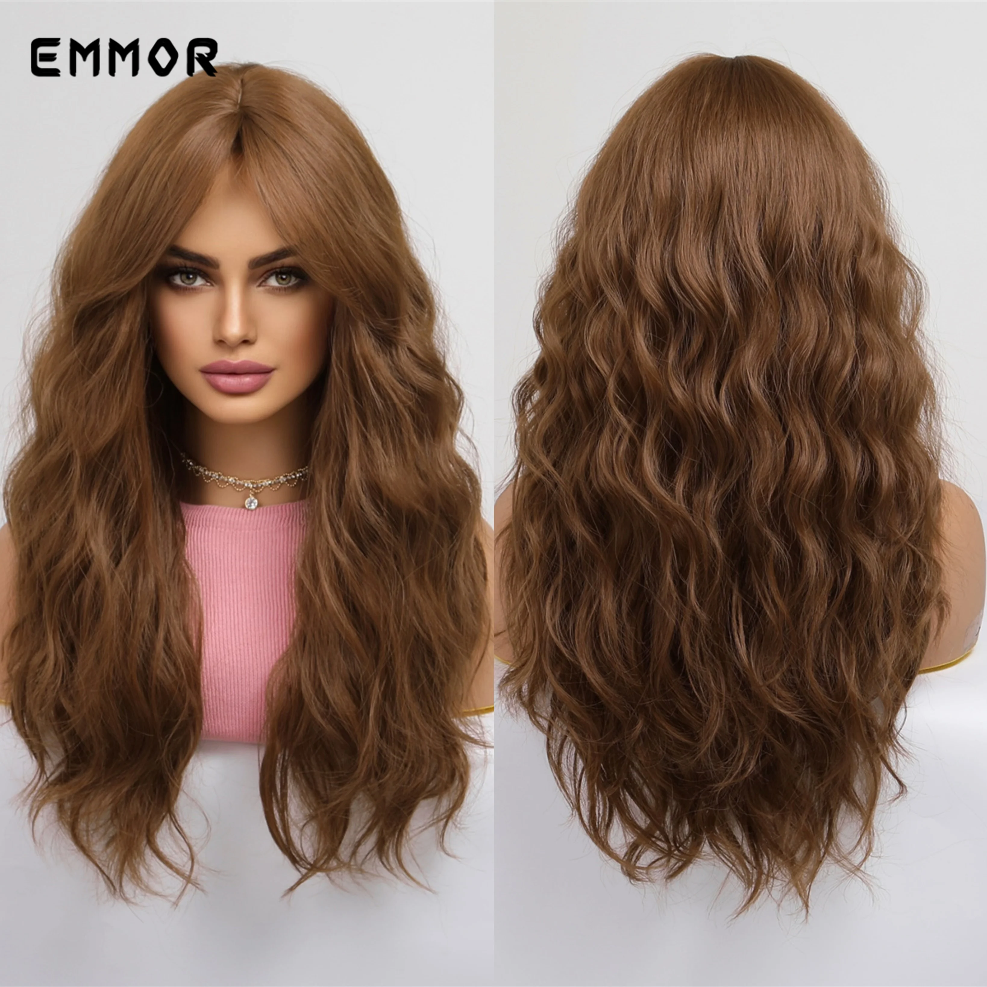 

Emmor Synthetic Wigs for Women Long Wavy Water Wigs with Bangs Cosplay Natural Ombre Brown Blonde Hair High Temperature Fiber