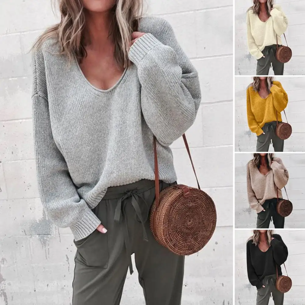 

V Neck Loose Fit Sweater Jumper Long Sleeves Ribbed Cuffs Sweater Top Autumn Winter Solid Color Loose Pullover Sweater Knitwear