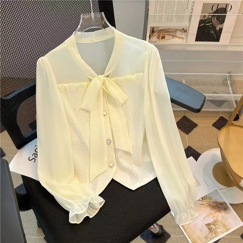 British Bow Long Sleeved Chiffon Shirt 2024 Spring and Autumn New Sweet Short Spliced Shirt Top Blouses Korean Style Clothes
British Bow Long Sleeved Chiffon Shirt 2024 Spring and Autumn New Sweet Short Spliced Shirt Top Blouses Korean Style Clothes