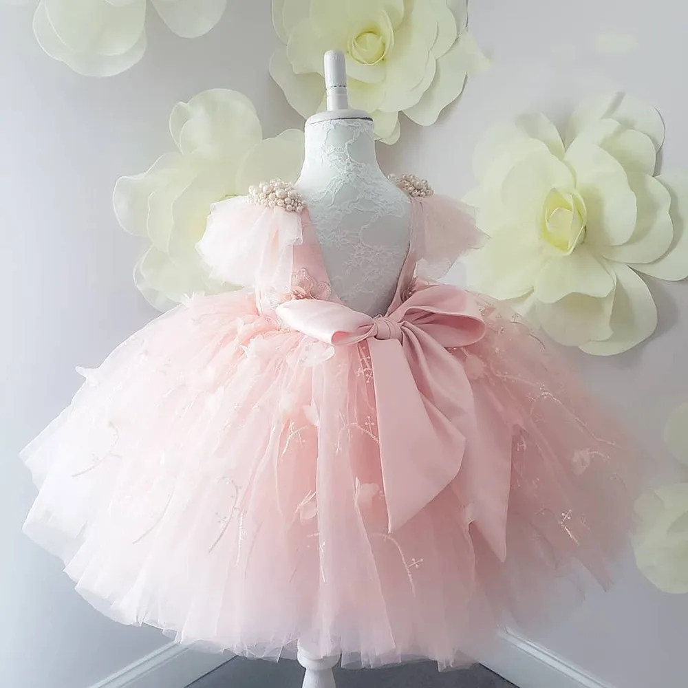 

Puffy Pink Pageant Pearls Beading Ball Gown Tulle Flower Girl Dresses Bow First Communion Birthday Wedding Baptism Gift