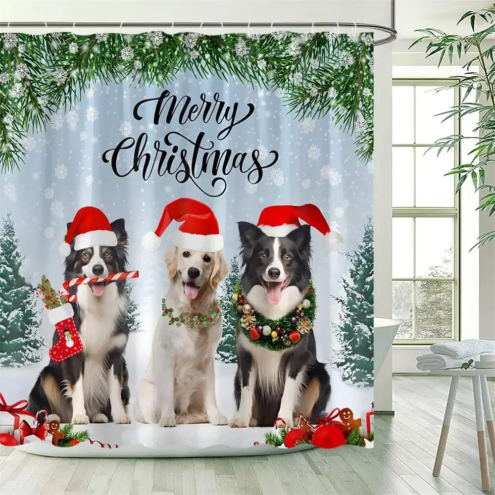 

Funny Christmas Dogs Shower Curtain Forest Green Pine Branch Snowflake Winter Scenery New Year Xmas Decor Bathroom Curtains Set