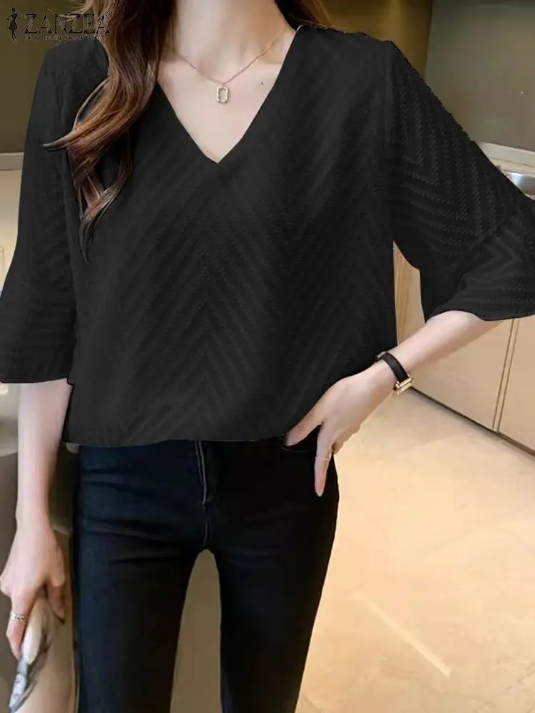 

Женская однотонная блузка ZANZEA с V-образным вырезом, элегантная вязаная крючком блузка, винтажная офисная рубашка с расклешенным рукавом, летняя модная туника оверсайз, 2024