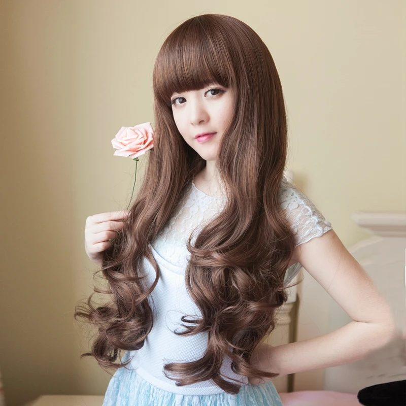 

Wholesale Japan Korea Asia Black Dark Brown Long Curly Hair Neat Bangs Big Wave Women's Top Grade Synthetic Wig Full Head Cover