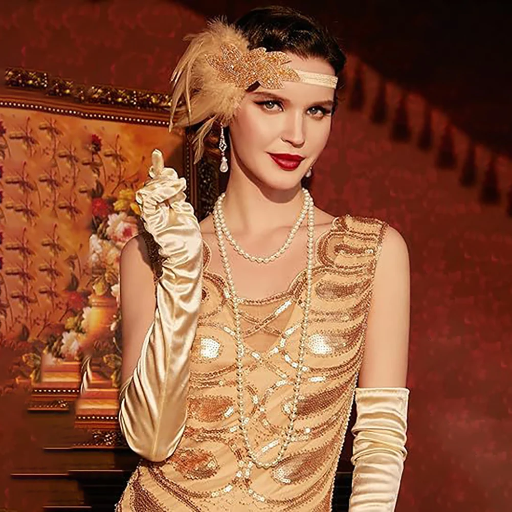 1920s Carnival Party Fascinators Headband Vintage Champagne Feather Headpiece Gloves Pearl Necklace Earrings Set For Girls Women
1920s Carnival Party Fascinators Headband Vintage Champagne Feather Headpiece Gloves Pearl Necklace Earrings Set For Girls Women