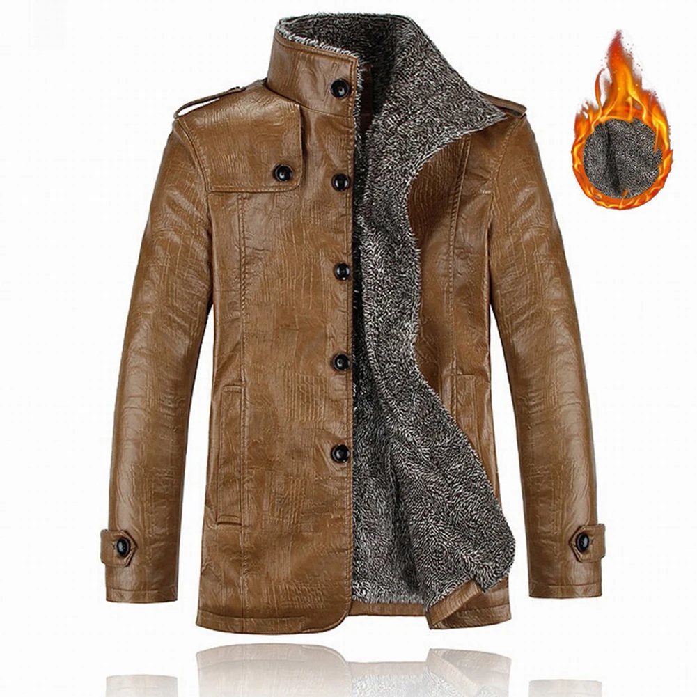 

Men's Winter Warm Long Sleeve Retro Faux Leather Jackets Motorcycle Rider Coats Overcoat Fleece Lined Trench Outwear Lapel Coat