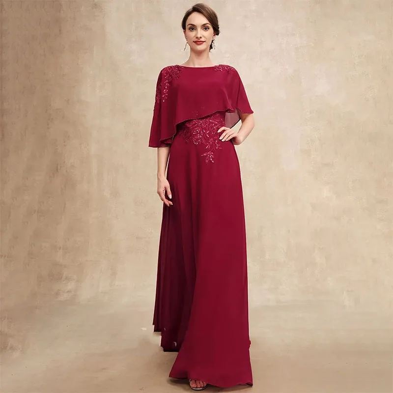 

Vintage Burgundy Mother of the Bride Dress A-line Scoop Floor-Length Chiffon Lace Sequins Wedding Guest Party Gowns for Women