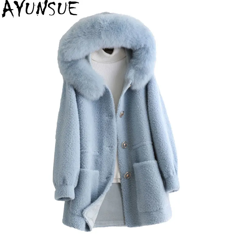 AYUNAUE зимнее пальто из натуральной шерсти, женская одежда, Осеннее модное пальто с капюшоном из лисьего меха, женская меховая куртка с длинным рукавом, пальто Zm845 
AYUNAUE зимнее пальто из натуральной шерсти, женская одежда, Осеннее модное пальто с капюшоном из лисьего меха, женская меховая куртка с длинным рукавом, пальто Zm845