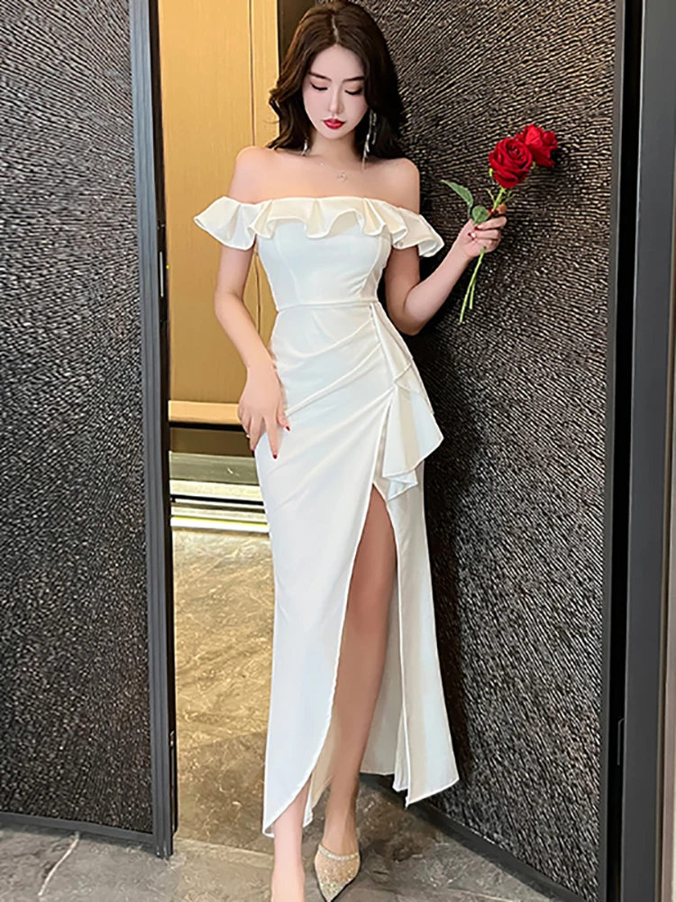 

2024 New White Ruffled Chest Wrapping Sexy Dress Women Chic Luxury Party Vestidos Summer Korean Elegant Bodycon Slit Long Dress