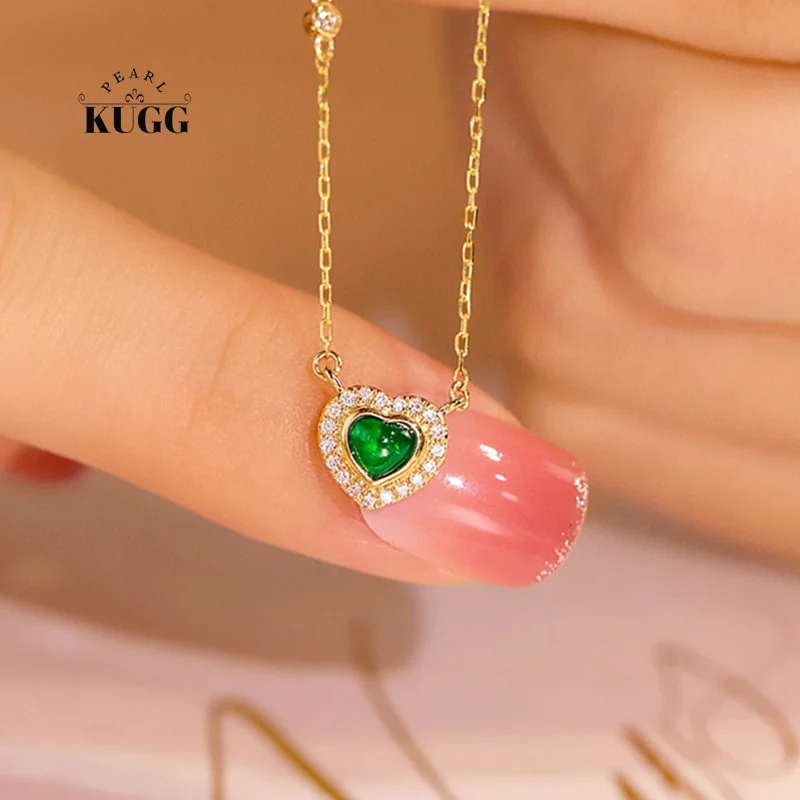 

KUGG 18K Yellow Gold Necklace Romantic Heart Design Real Natural Emerald Shiny Diamond Gemstone Necklace for Women Birthday Gift