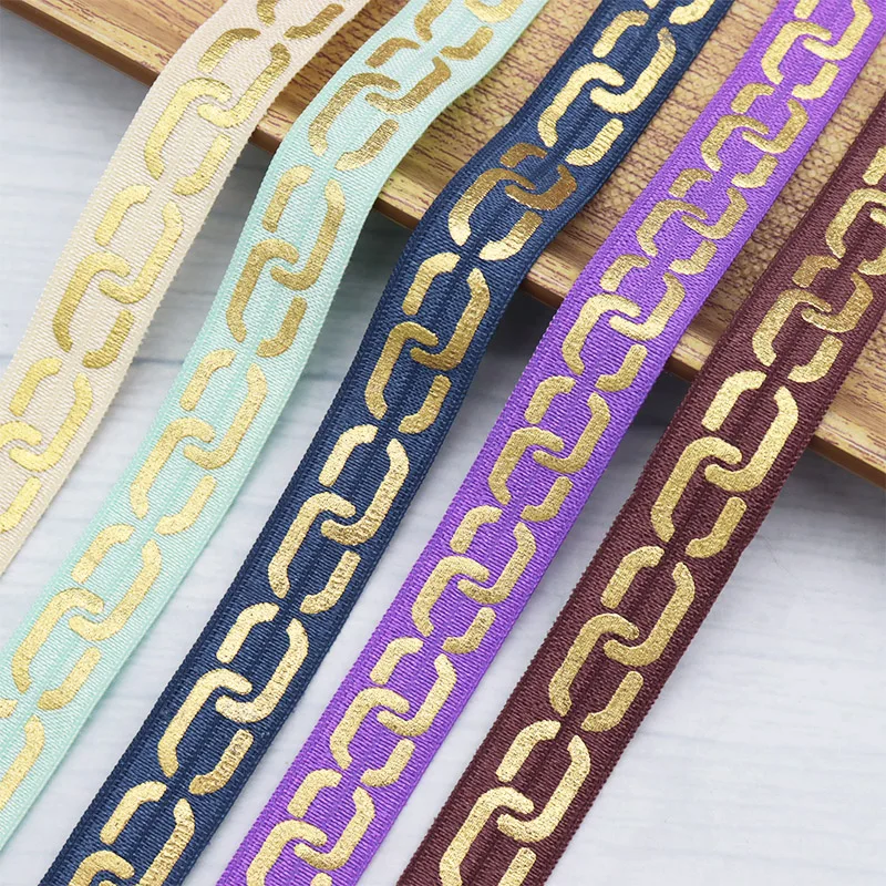 

10Yards 5/8" 15mm Gold Foil Chain Print FOE Fold Over Elastic Ribbon For DIY Hair Accessories Hair Tie Sewing Supplies
