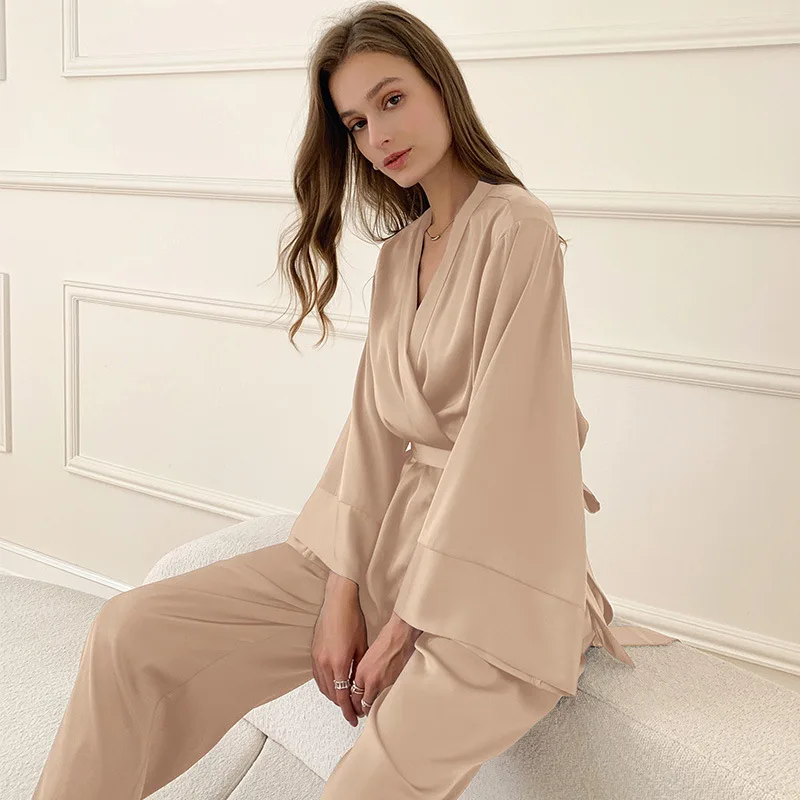 

2024 Spring French Loose noble Pajama Set ice silk satin face Solid Color soft Women's night-robe sexy hot comfortable sleepwear