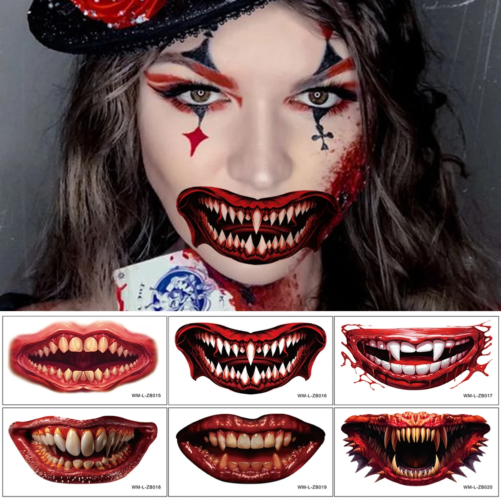 

1Pcs Halloween Tattoo Stickers Horror Smile Lips DIY Stickers Realistic Big Mouth Tattoos Waterproof Funny Makeup Lip Beauty