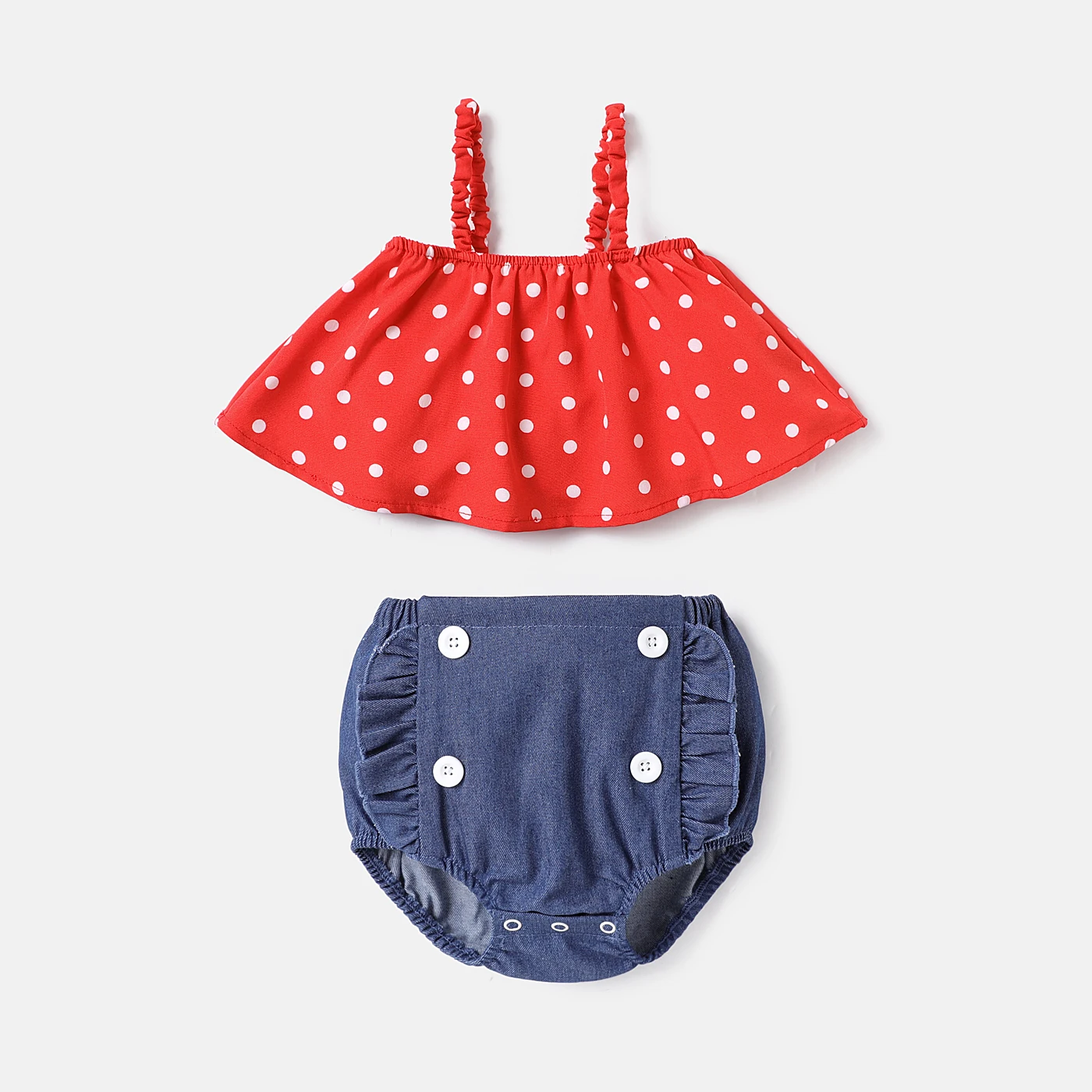 

PatPat 2pcs Baby Girl Polka Dots Print Cami Top and Ruffle Trim Shorts Set