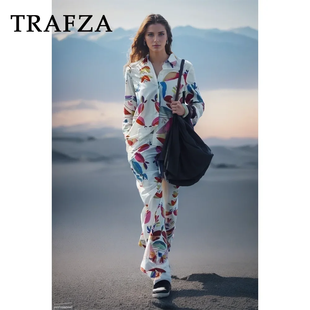 

Женский брючный костюм с принтом TRAFZA, Повседневная рубашка с отложным воротником и брюки из поплина с эластичным поясом в уличном стиле, весна-лето 2024