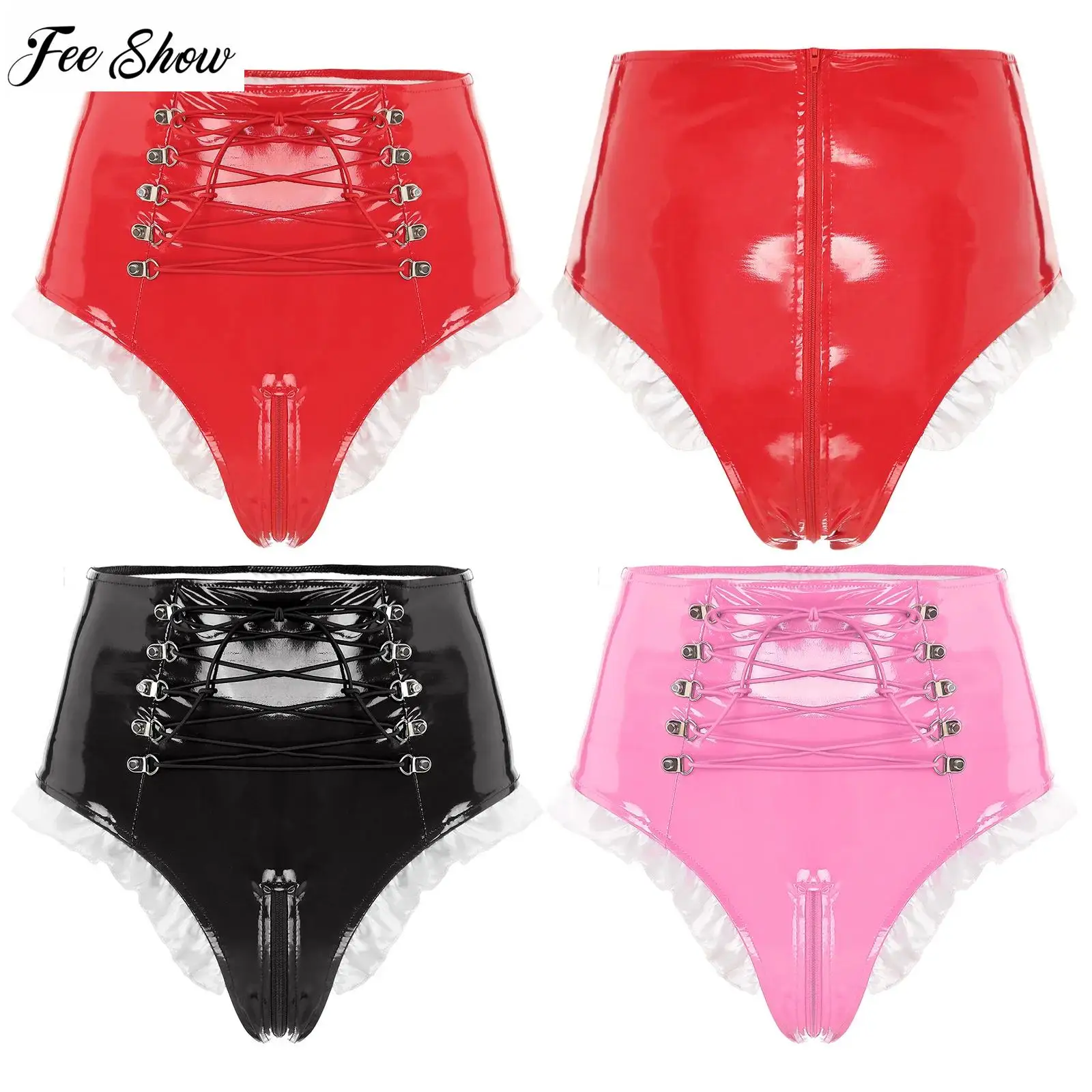 

Womens Sexy French Maid Panties Shiny Leather Frilly Knickers High Waist Lace-up Zipper Crotch Underwear Latex Briefs Clubwear