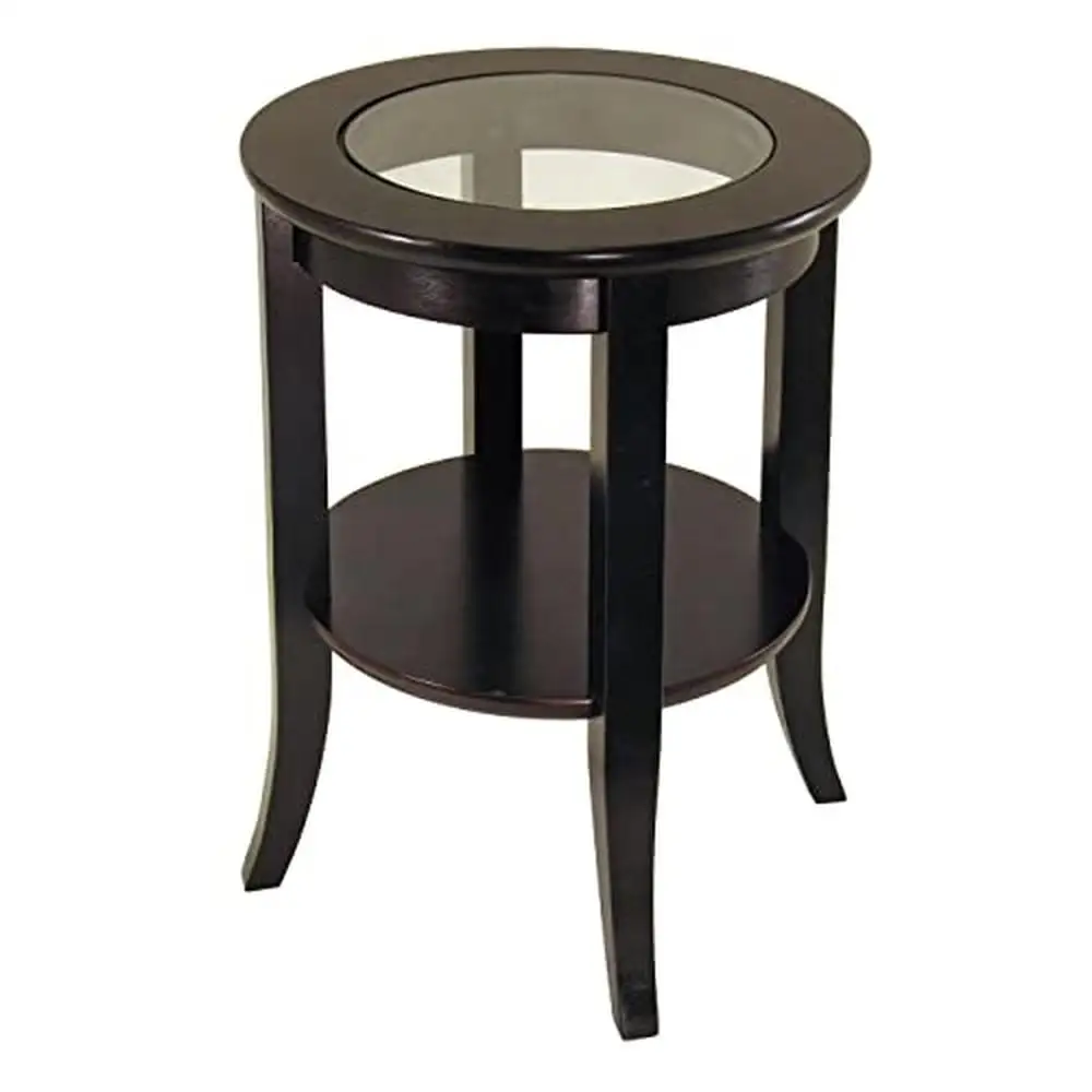 

Composite Wood End Table with Glass Inset Modern Style Dark Espresso Color 18.5" x 18.5" x 22.5" Lower Shelf Tempered Glass Top