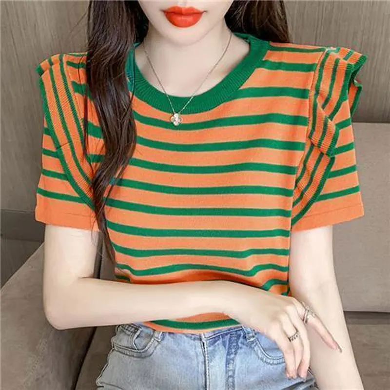 

Korean Striped Short Sleeve Pullovers Chic Ruffles Spliced Female Clothing Slim Casual O-Neck Summer Contrasting Colors T-shirt