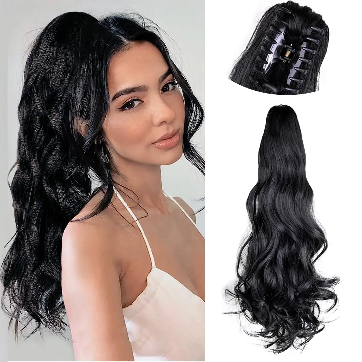 

Synthetic Long Wavy Claw Clip In Ponytail Hair Extensions 24Inch Heat Resistant Pony Tail Hair Piece For Women Daily Use