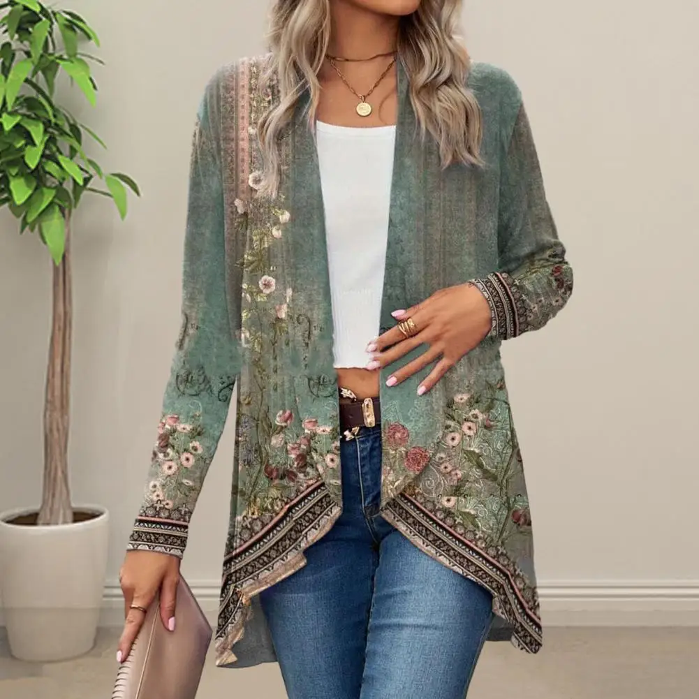 

Breathable Cardigan Floral Print Women's Collarless Cardigan Stylish Mid-length Outerwear with Irregular Hem Open Front Design