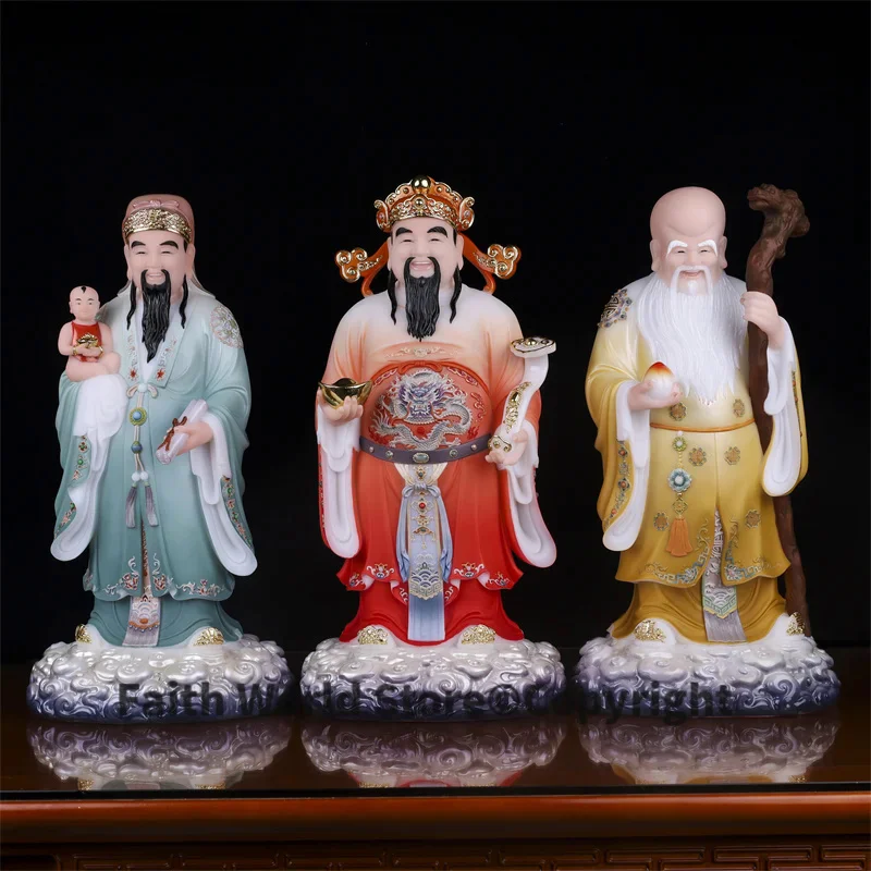 

A SET 3PCS Asia HOME SHOP Good luck buddha efficacious bless jade Fu Lu Shou Gods safe health patron saint FENG SHUI statue