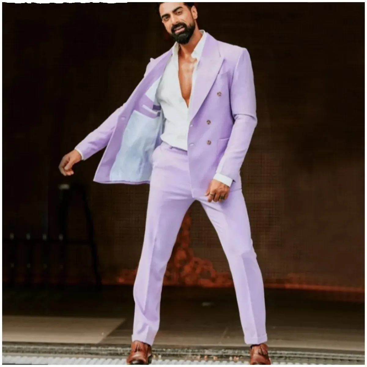 

Casual Lilac Men Suits 2 Piece Peaked Lapel Double Breasted Blazer Sets traje de hombre elegante Travel Suit Tailor Jacket+Pants