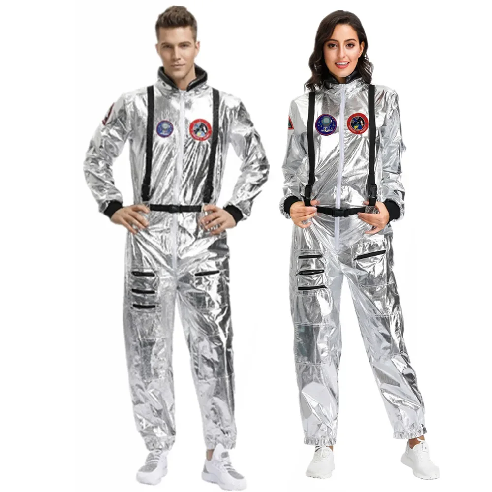 

Couples Astronaut Costume Adult Silver Spaceman Jumpsuits Plus Size Space Suit for Women Man Halloween Party Fantasia Dress Up