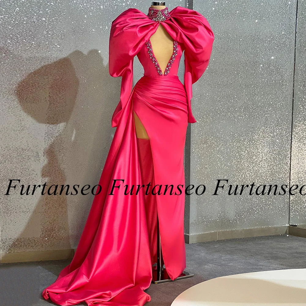 

Sexy Pearls Prom Dresses Fuchsia Evening Dress High Neck Stones Puff Sleeves Pleat Slit Dubai Mermaid Pageant Party Gown