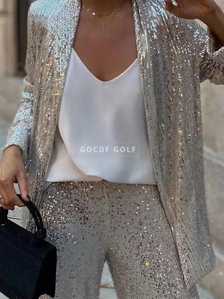 Sequined Jacket Flare Pant Suit Women 2023 Autumn Street Long Sleeve Coat Wide Leg Trousers 2 Piece Set Fashion Silver Lady Sets
Sequined Jacket Flare Pant Suit Women 2023 Autumn Street Long Sleeve Coat Wide Leg Trousers 2 Piece Set Fashion Silver Lady Sets