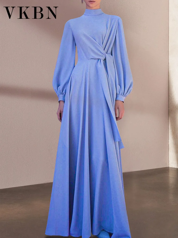 

VKBN News Summer Dresses for Women Party Lantern Sleeve Turtleneck Female Blue Evening Dress Elegant Vestidos De Fiesta