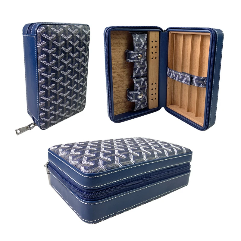 Blue Stripe Cigar Box Built-in Cedar wood Humidor can Holds 4 Large 2.0-2.4 Cigars Leather Wood Cigar Humidor PU Cigar Box
Blue Stripe Cigar Box Built-in Cedar wood Humidor can Holds 4 Large 2.0-2.4 Cigars Leather Wood Cigar Humidor PU Cigar Box