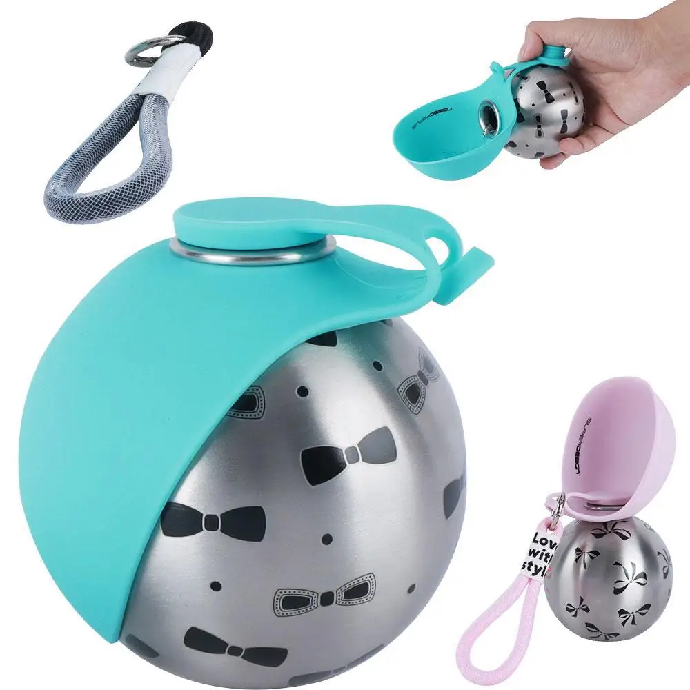 Portable Dog Water Bottle | 2-in-1 Water Bottle for Small Dogs - Leak-Proof A composite image showing the pet water bottle in teal and pink. The silver metallic spheres feature black bow-tie and ribbon patterns. Small inset images show a hand holding the bottle and the silicone leaf flipped open to form a bowl.