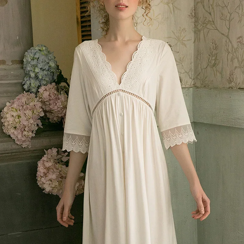

Женское белое платье лолиты, кружевные рубашки для сна в стиле принцессы, винтажные хлопковые ночные рубашки с глубоким V-образным вырезом, ночная рубашка в викторианском стиле, одежда для сна