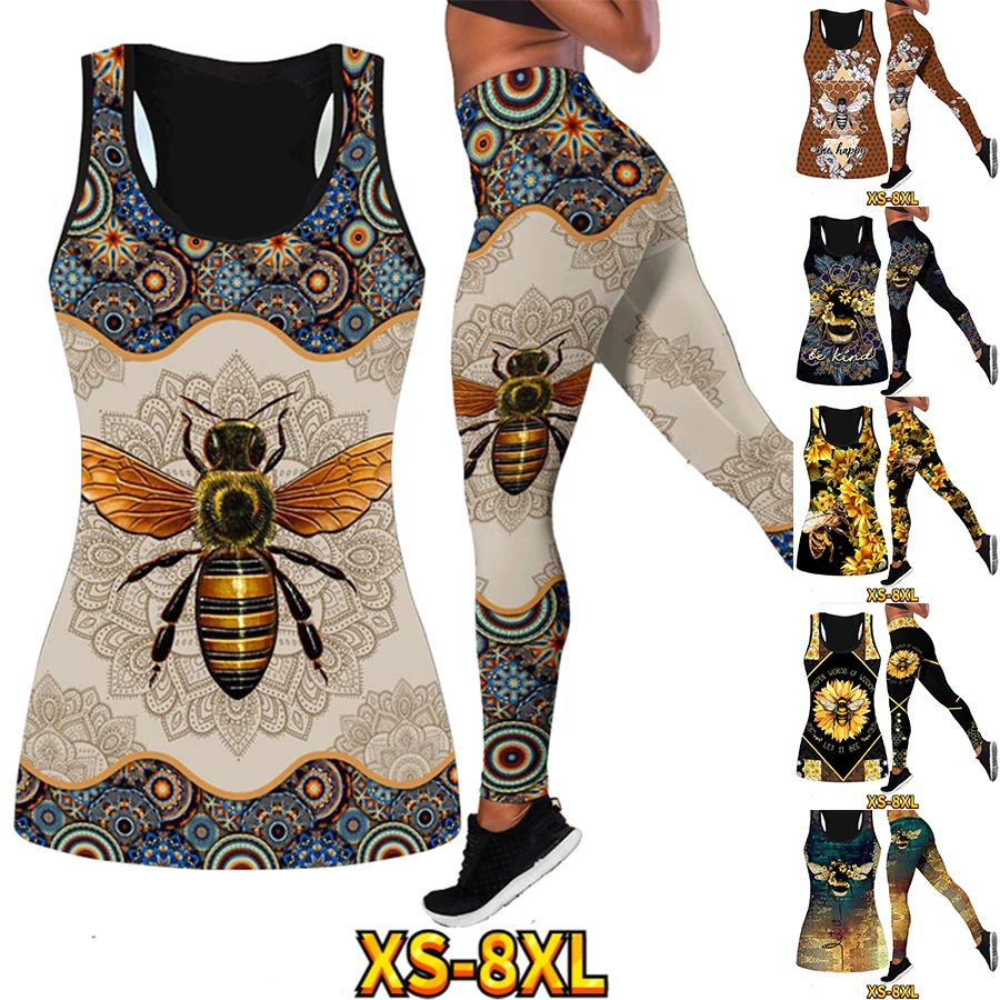 

Bee Print Ladies Breathable Vest Quick Dry Yoga Pantsr Suit Running Fitness Color Butterfly Print Sexy Summer Style XS-8XL